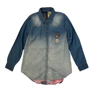 NWT Aratta Bianca Chambray Denim Floral Button Up Shirt with Brooch - Size S